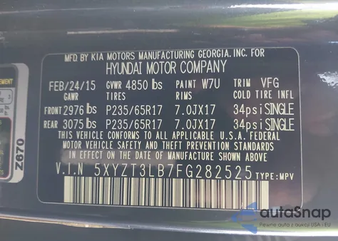 2015 Hyundai Santa Fe Sport 2.4L from USA, damaged, VIN 5XYZT3LB7FG282525